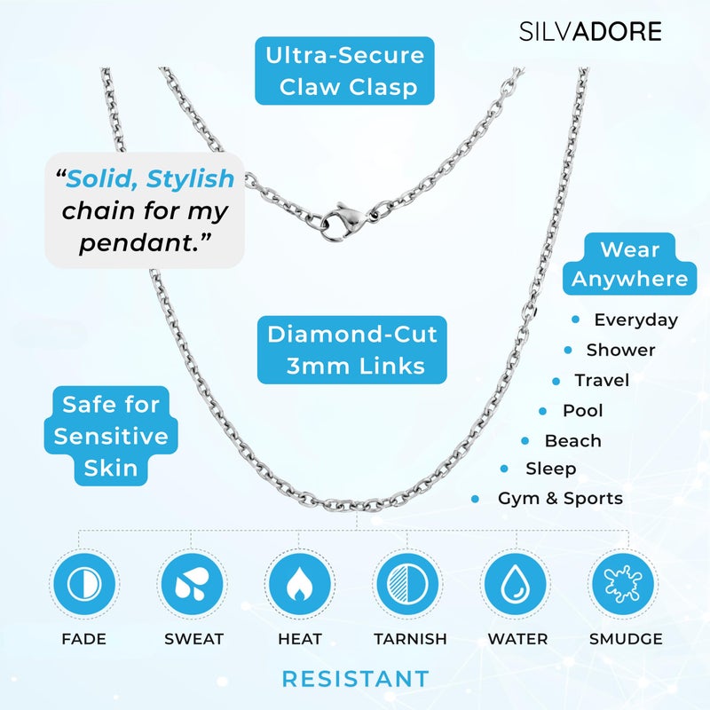Silvadore Silver Cable Chain Necklace Men (3mm,20in) Sterling Silver Plated Stainless Steel Cable Link Chain Necklace Pendant - Belcher Rolo Dog Tag Real Solid Non-Tarnish Waterproof Jewelry Gift - Image 4